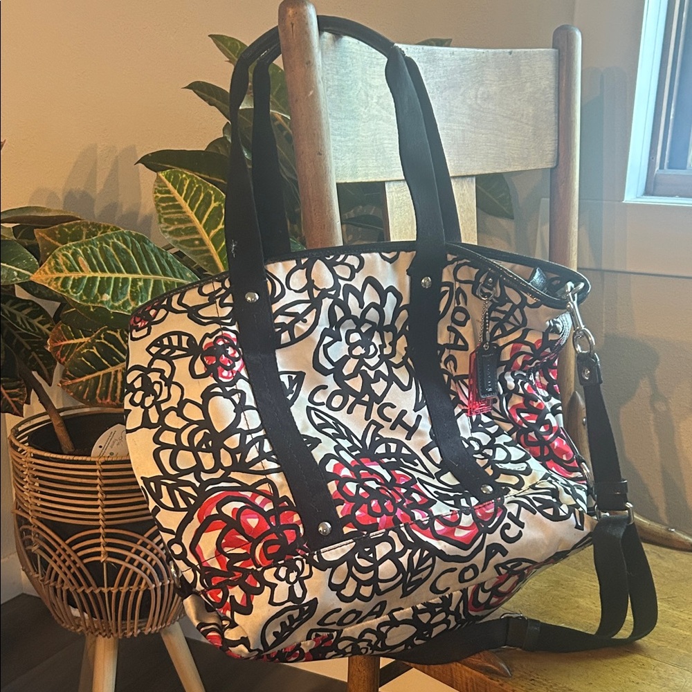 Coach Black and Red Floral Tote Bag